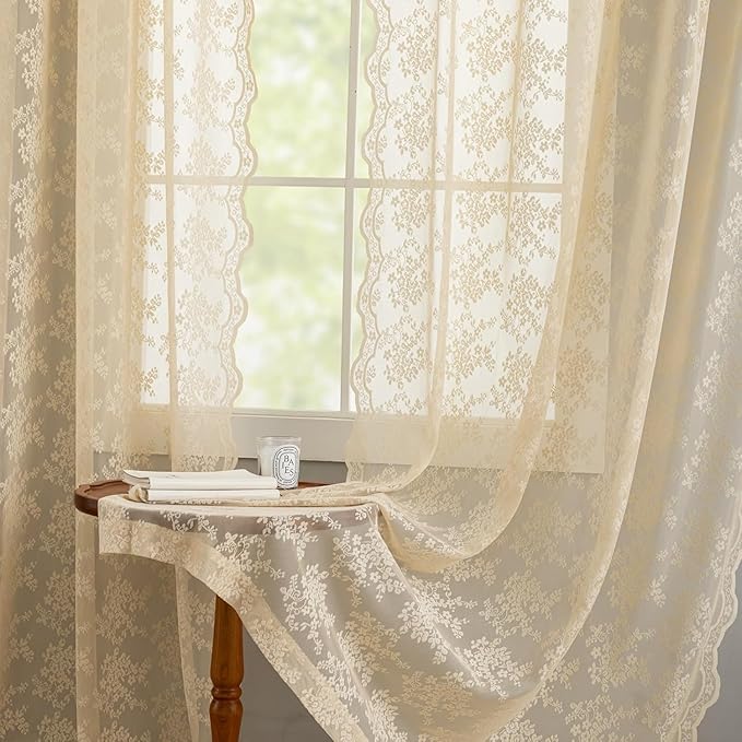 YJ YANJUN Vintage Lace Curtains 108 Inches Long-Victorian Floral Beige Sheer Curtains for Living Room Bedroom Light Filtering Drapes Farmhouse Boho 70s Home Decor 2 Panels W52 X L90 Light Beige