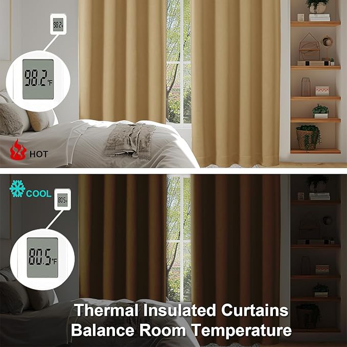 Simplebrand Ava Gold Blackout Curtains for Bedroom 96 Inches Long 2 Panels, Solid Thermal Insulated, Energy Saving Living Room Window Treatment Curtains Blackout Drapes, W40 x L96 Inch, Gold