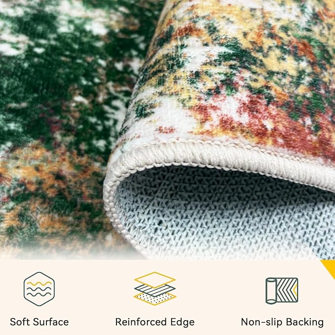 Washable Area Rugs 6'x9' Non-Slip Modern Abstract Soft for Living Room Entryway Bedroom Nursery, Print Pattern, Green Orange Rust Red Cream Colorful