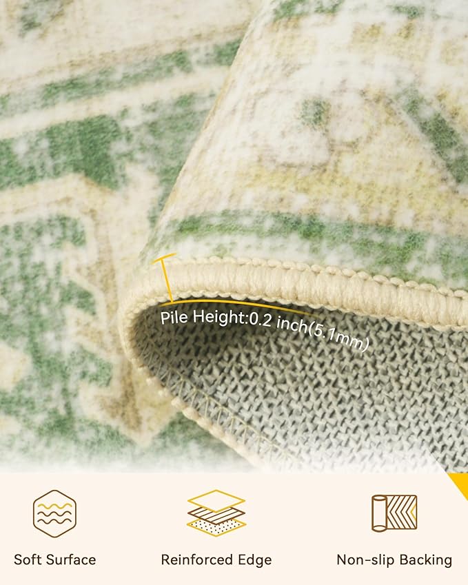 Area Rugs 2'x8' Runner Rug Non Slip Washable for Kitchen Hallway Bedroom Beside Laundry Room Bathroom Rug, Floor Carpet, Sage Green Yellow