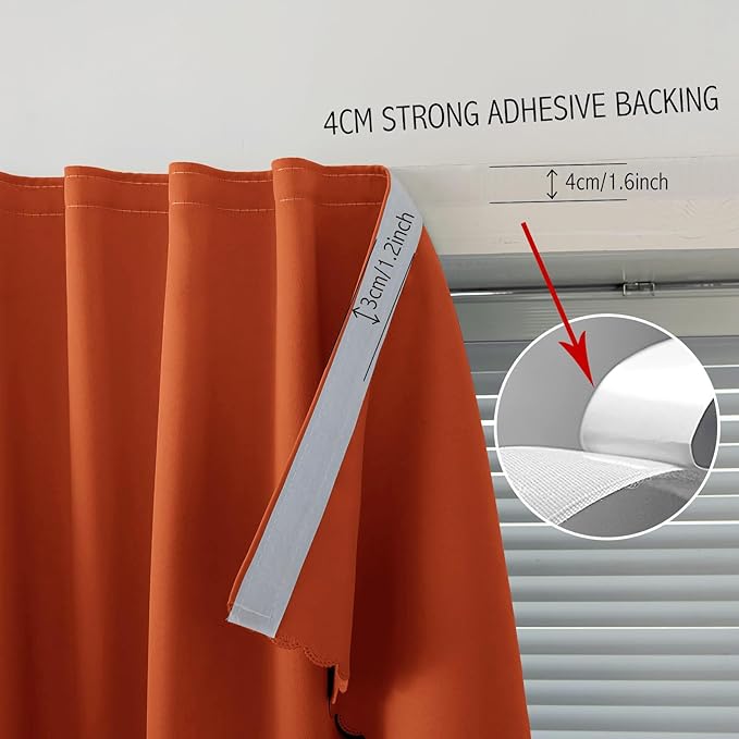 Self Adhesive Curtains Portable Blackout Curtain Simple and Easy to Install Bedroom Window Thermal Lnsulated Kitchen Room Darkening Black Small Drapes, 47" W X 84" L, Orange, 1 Panel