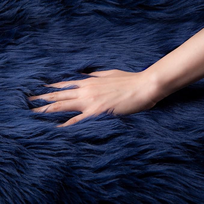 Ashler Faux Fur Rug, Dark Blue Area Rugs, Fluffy Sheepskin Fur Rug, Fuzzy Ultra Soft 2 x 6 Ft Rugs, Machine Washable Shag Rug, Nursery Throw Rugs for Bed, Living, Kids Room