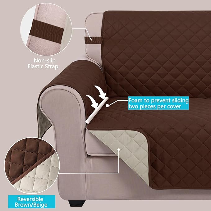 U-NICE HOME Recliner Chair Covers Reversible Quilted Water Repellent Pet Protectors with Elastic Straps (23''Recliner Small, Brown/Beige)
