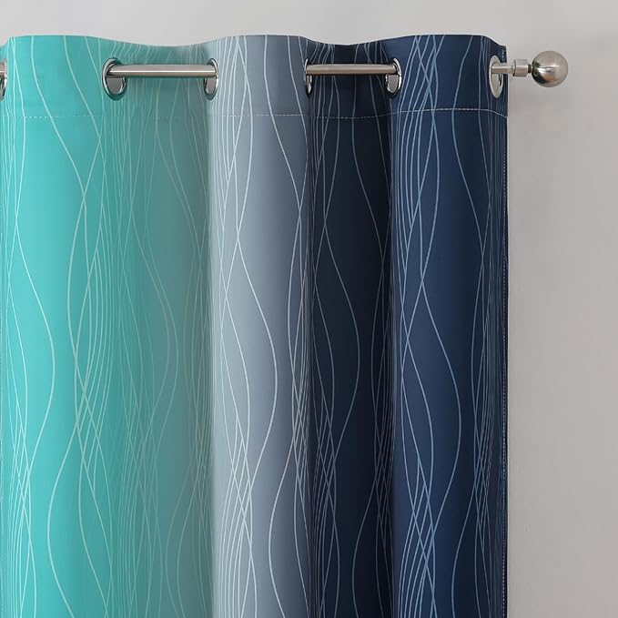 Estelar Textiler Teal and Navy Blue Blackout Curtains for Boys Bedroom, Full Room Darkening Grommet Ombre Curtains for Living Room, Thermal Insulated Light Blocking Gradient Drapes, 42Wx63L, 2 Panels