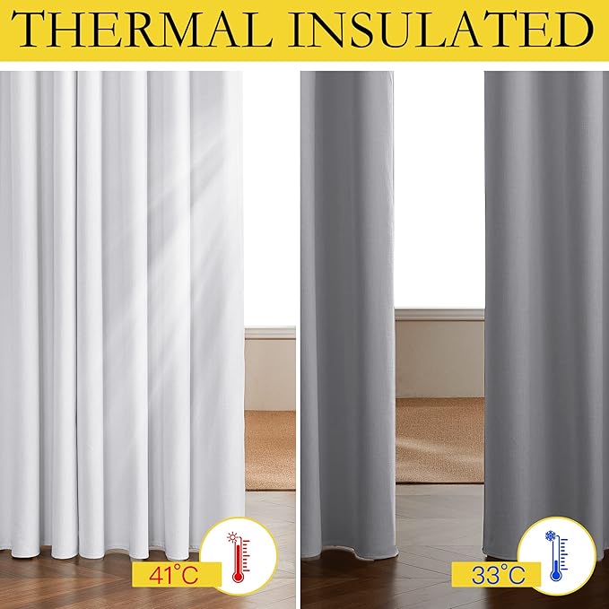 NICETOWN 100% Absolutely Blackout Linen Curtains with Thermal Insulated White Liner, White, 52 inches Wide, 84 inches Length Energy Saving Curtains for Living Room 2 Panels Set, Vertical Blinds