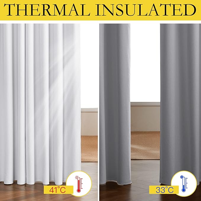 NICETOWN 100% Absolutely Blackout Linen Curtains with Thermal Insulated White Liner, White, 34 inches Wide, 70 inches Length Energy Saving Curtains for Living Room 2 Panels Set, Vertical Blinds
