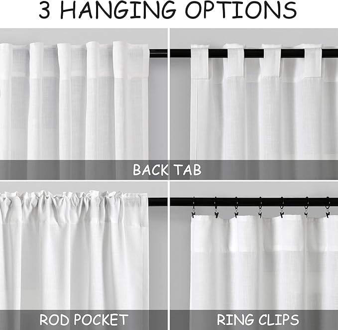 Nanspring Linen White Curtains for Living Room Extra Long Back Tab Light Filtering Semi Sheer Drapes 2 Panels Set Modern Farmhouse Decor Linen Textured Curtain for Floor to Ceiling Window 52x143
