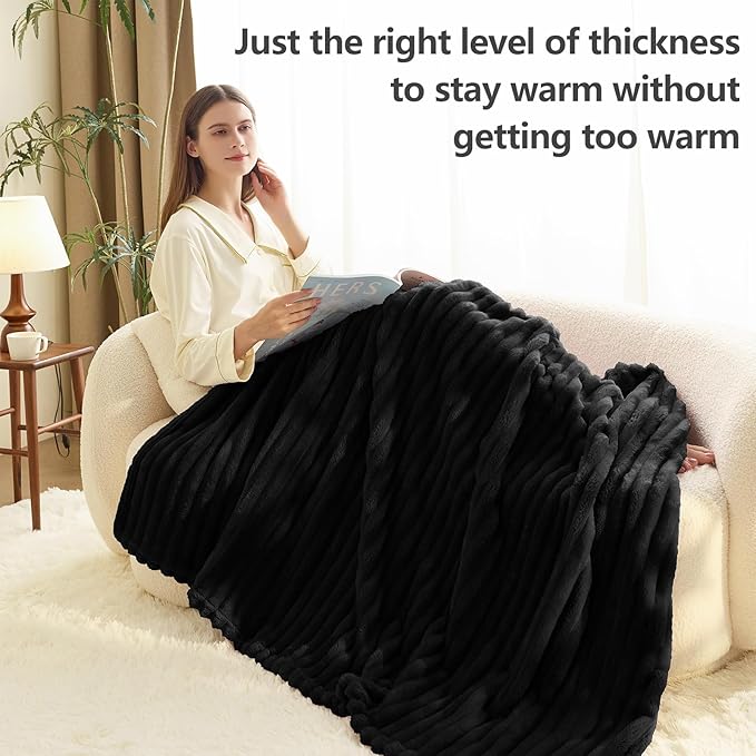 HIMEET Black Ribbed King Size Blanket for Bed - 300GSM Lightweight Fleece Blanket for Men Women, Large Cozy Sofa Couch Bed Blankets Gifts, Striped Spring Home Room Decor, Black, 108x90 Inches