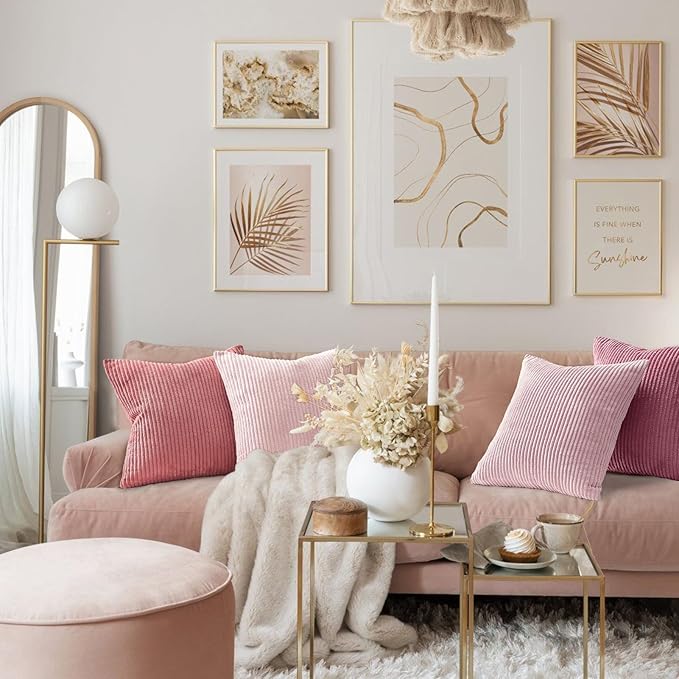 Topfinel Pink Throw Pillow Covers 12x12 Inch Set of 4,Soft Farmhouse Corduroy Decorative Cushion Cover,Square Cute Pillow Case for Gril's Bedroom Couch Sofa Living Room,Spring Series Home Decor