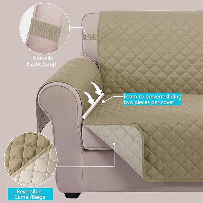 U-NICE HOME Reversible Oversized Chair Covers Quilted Water Repellent Pet Protectors with Elastic Straps(28''Armchair, Light Camel/Beige)
