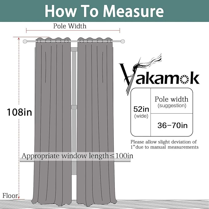 Yakamok Gray Blackout Curtains Room Darkening Thermal Insulated with Grommet Window Curtain for Bedroom, 52Wx108L inch, Grey, 2 Panels