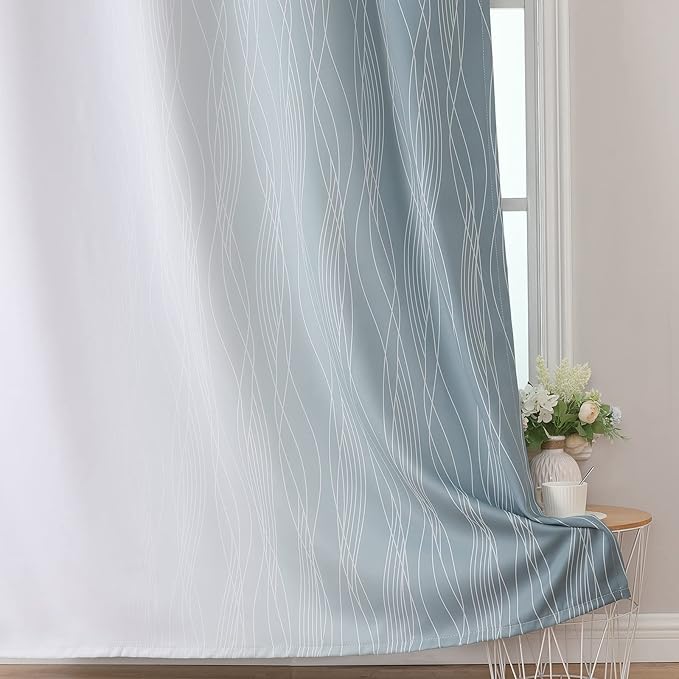 Estelar Textiler Stone Blue and Greyish White Ombre Blackout Curtains 45 Inch Length 2 Panels, Full Room Darkening Drapes for Kitchen, Thermal Insulated Grommet Short Curtains for Bathroom,42Wx45L