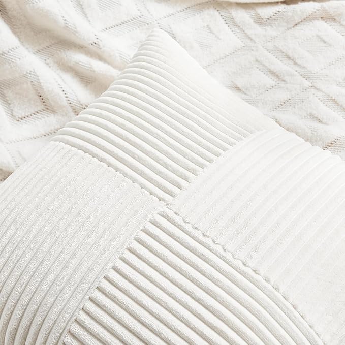 Fancy Homi 2 Packs Cream White Decorative Throw Pillow Covers 22x22 Inch for Living Room Couch Bed, Rustic Farmhouse Boho Home Decor, Soft Corss Corduroy Patchwork Accent Square Cushion Case 55x55 cm