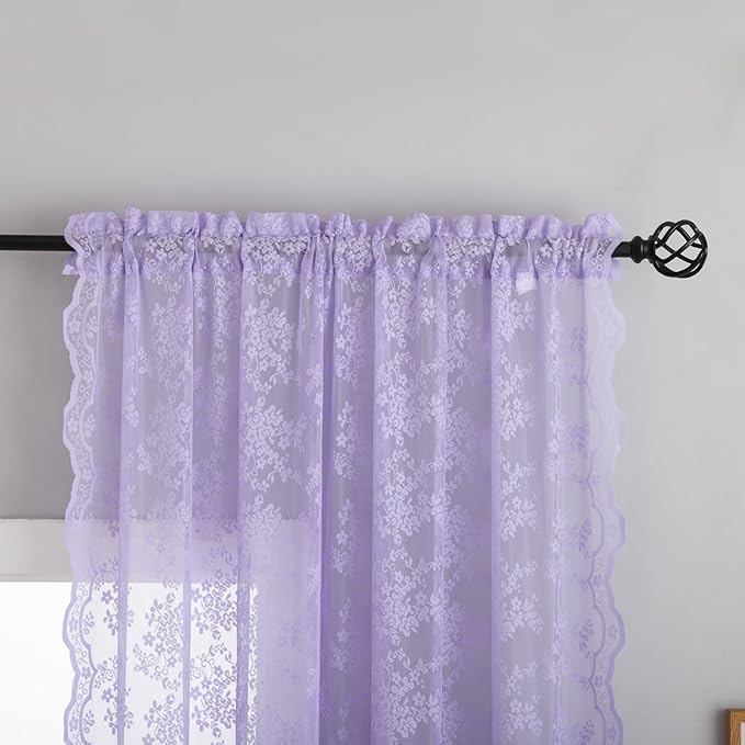 YJ YANJUN Vintage Lace Curtains 72 Inches Long-Victorian Floral Pattern Lavender Sheer Curtain Panels for Living Room Bedroom, Romantic Girls Room Decor 2 Panels 52W x 72L Light Purpel