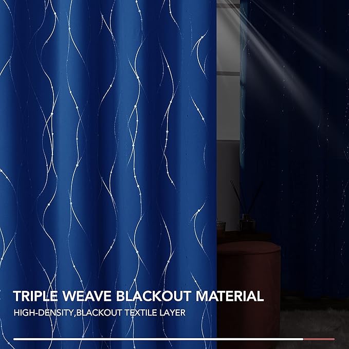 Deconovo Blackout Curtains, 42 x 63 Inch Drapes for Living Room with Wave Dots Silver Print, Soundproof Thermal Insulated Window Curtain for Bedroom Nursery, Set of 2, Machine Washable, Royal Blue