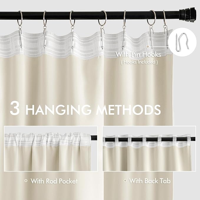 MIULEE Beige White Back Tab Blackout Curtains 102 Inch Long 2 Panels Set for Bedroom, Rod Pocket/Pinch Pleated Thermal Insulated Living Room Darkening Light Blocking Floor to Ceiling Drapes