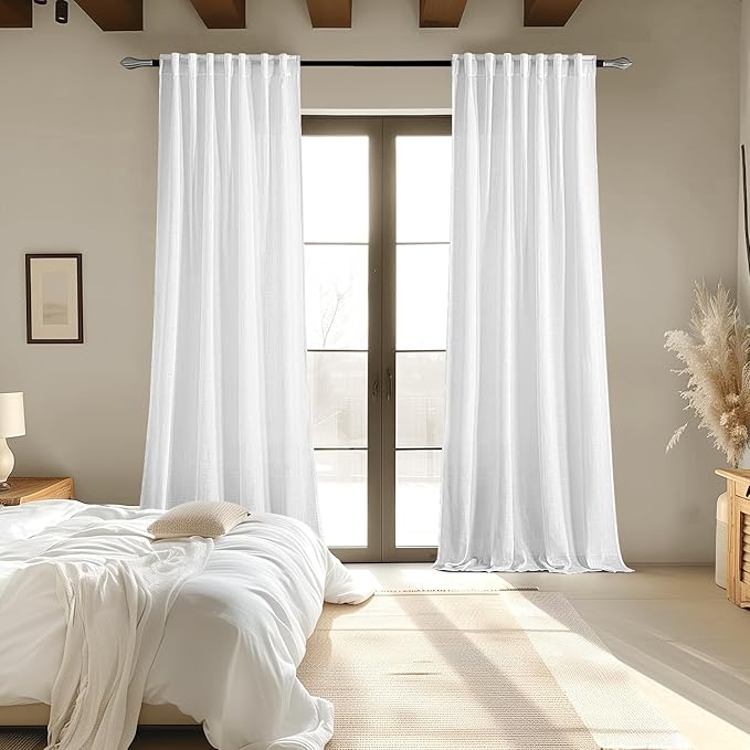 MIULEE White Linen Curtains 84 Inches Long 2 Panels for Bedroom Living Room, Soft Linen Textured Back Tab Window Drapes Semi Sheer Light Filtering Rod Pocket Modern Farmhouse Decor 37x84 Inch