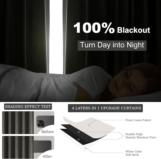 94 Inch Long Gray Blackout Curtains for Bedroom 2 Panels Set Modern Linen Blend Texture Back Tab Pleated Floor to Ceiling Thermal Drapes Hooks Rings Window Drapes Decor (W52 x L94 Charcoal Grey)