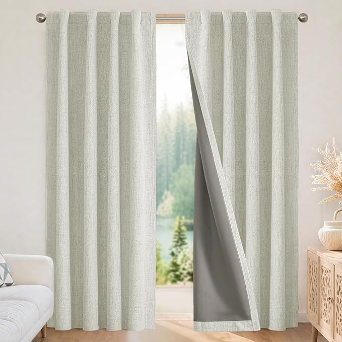 Joydeco Linen Blackout Curtains for Bedroom - 100% Light Blocking 1 Panels, Light Beige Drapes 100" W x 108" L, Thermal Insulated Room Darkening Curtains for Living Room, Rod Pocket & Back Tabs
