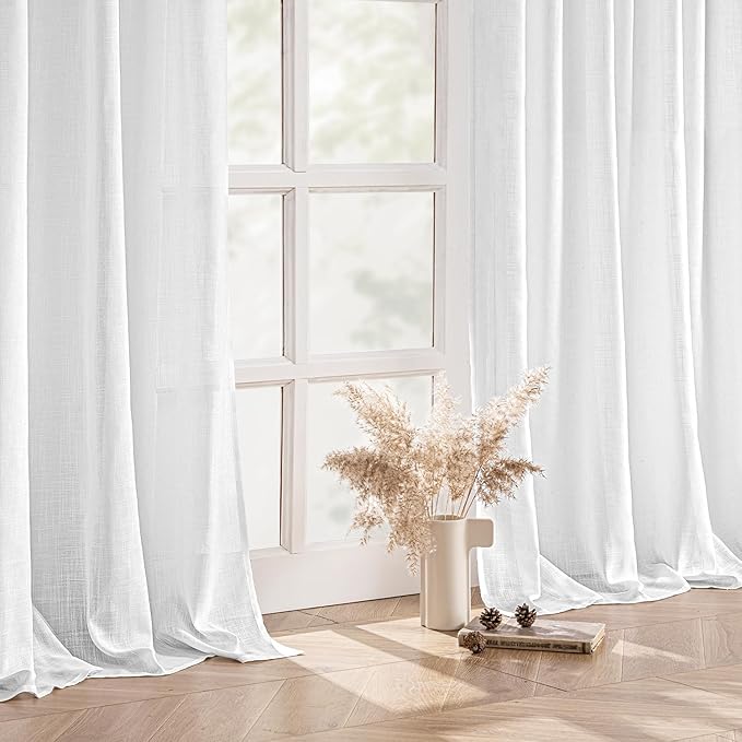 MIULEE White Linen Curtains 84 Inches Long 2 Panels for Bedroom Living Room, Soft Linen Textured Back Tab Window Drapes Semi Sheer Light Filtering Rod Pocket Modern Farmhouse Decor 37x84 Inch
