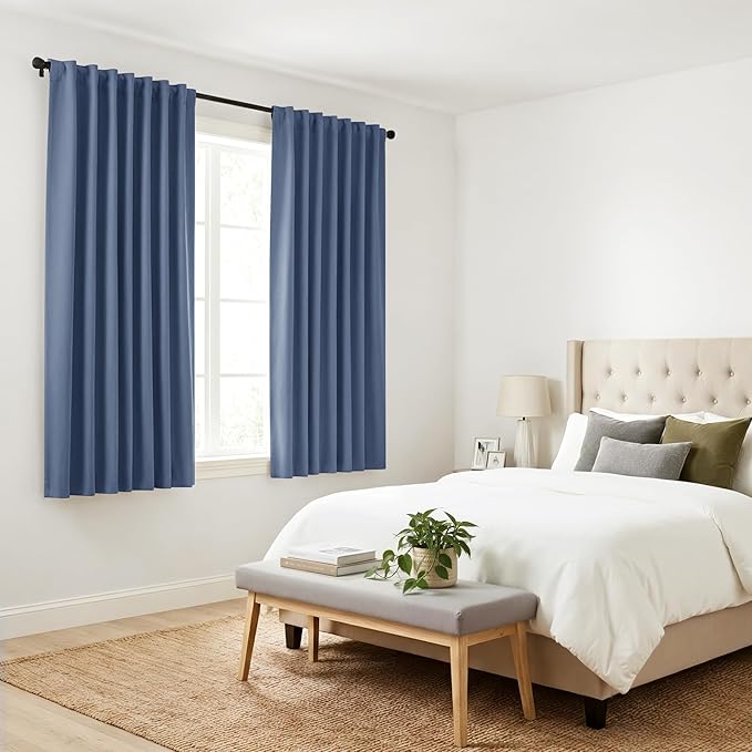PONY DANCE Window Curtains Drapes - Energy Saving Back Tab/Rod Pocket Room Darkening Thermal Draperies Heavy-Duty for Kitchen, 52 by 54 inch, Blue Haze, 2 Panels