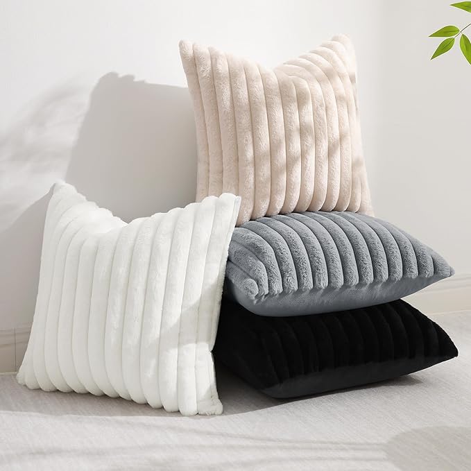 decorUhome Cozy Faux Fur Throw Pillow Covers 26x26 Set of 2 Decorative Soft Plush Striped Modern Farmhouse Boho Couch Euro Sham Pillow Cases with Velvet Back for Sofa Bed Living Room, Black