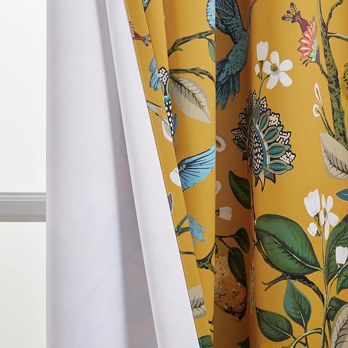 Topfinel 100 Inches Long Mustard Yellow Luxury Curtains for Living Room Bedroom, Blackout Vintage Art Deco Victorian Curtains Floral Lemon Hummingbird Printed Grommet Drape 100 Inch Length