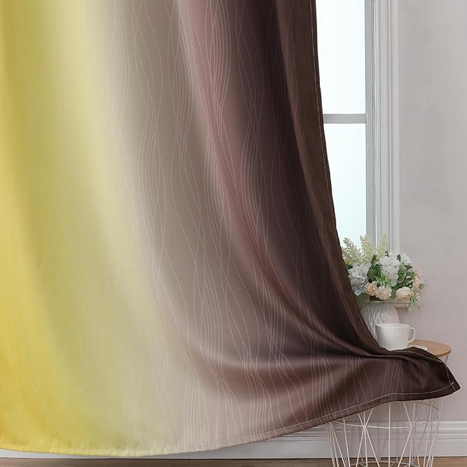 Estelar Textiler Brown and Yellow Blackout Curtains for Kids Room, Full Room Darkening Grommet Ombre Curtains for Bedroom, Thermal Insulated Light Blocking Gradient Drapes, 52Wx63L, 2 Panels