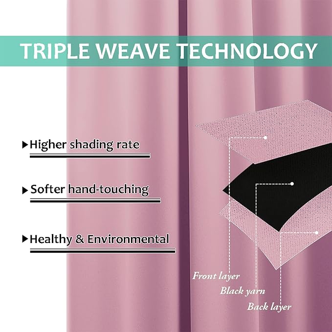 NICETOWN 100% Blackout Short Curtains with Black Liners, 2 Panels, 37" W by 50" L, Crystal Pink, Thermal Insulated Full Blackout 2-Layer Lined Drapes, Energy Efficiency Window Draperies for Bedroom