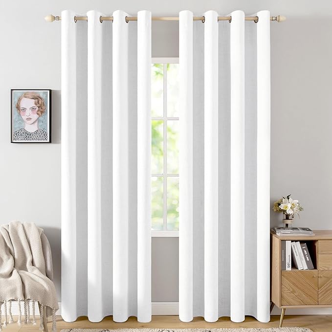 MIULEE 100% Blackout Linen Textured Curtains for Bedroom Solid Thermal Insulated Bright White Grommet Room Darkening Curtains & Drapes Luxury Decor for Living Room Nursery 52 x 108 Inch (2 Panels)
