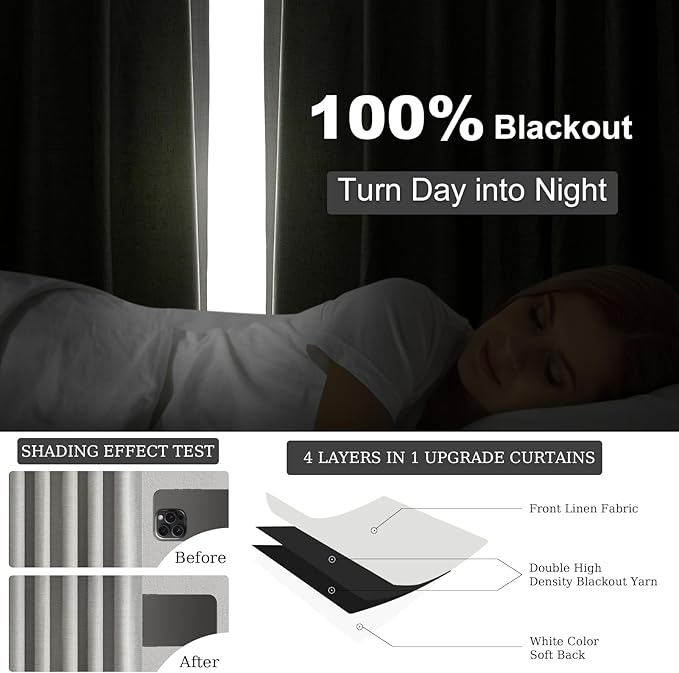 Topfinel 92 Inch Linen 100% Blackout Curtains 2 Panels for Living Room Bedroom Thermal Insulated Total Black Out Linen Drapes with Back Tab Room Darkening Charcoal Grey Window Curtains 52x92