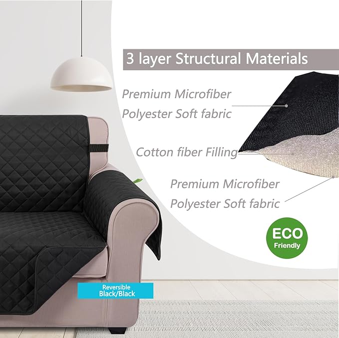 U-NICE HOME Reversible Oversized Chair Covers Quilted Water Repellent Pet Protectors with Elastic Straps(28''Armchair, Black/Black)