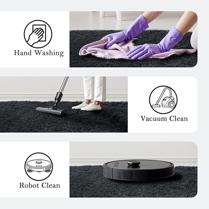 Small Area Rugs 2x3 Feet, Black Rug for Bedroom Dorm, Modern Shag Bedroom Mat, Small Carpet, Fluffy Bedside Rug for Girls Dorm Room Home Decor(2 x 3, Black)