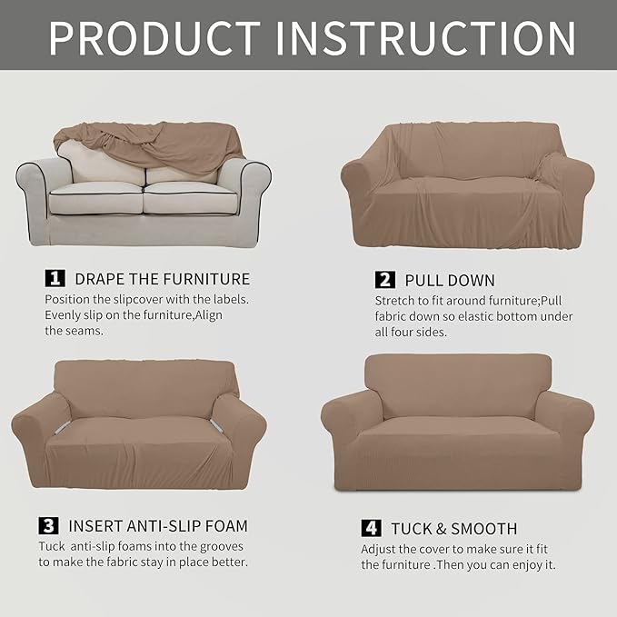 Easy-Going Stretch Oversized Loveseat Slipcover 1-Piece Sofa Cover Furniture Protector Couch Soft with Elastic Bottom for Kids Polyester Spandex Jacquard Fabric Small Checks Camel