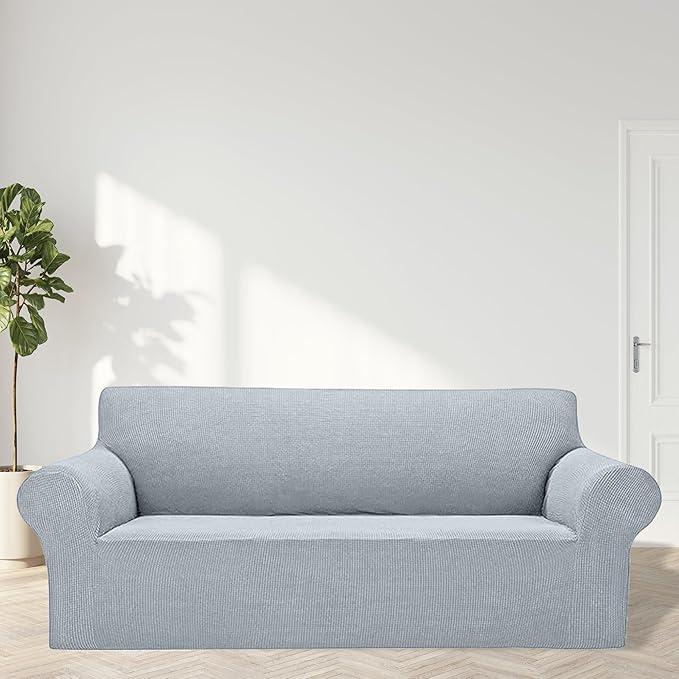 Cupuamon 2026 New Stretch Sofa Slipcovers Couch Cover for 3 Cushion Furniture Protector Sofa Covers with Elastic Bottom Jacquard Fabric Small Checks for Pets, Kids -Sofa, Silver