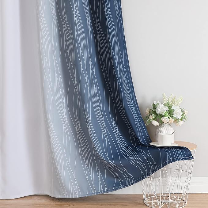 Estelar Textiler Full Room Darkening Greyish White and Navy Blue Blackout Curtains 72 Inch Length 2 Panels Set, Ombre Thermal Insulated Light Blocking Grommet Blackout Drapes for Bedroom, 42Wx72L
