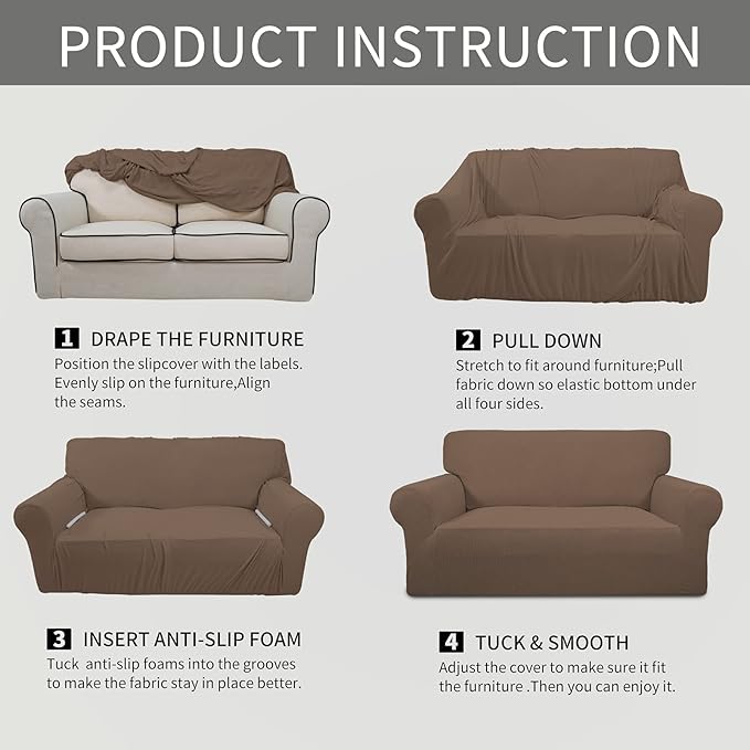Easy-Going Stretch Loveseat Slipcover 1-Piece Sofa Cover Furniture Protector Couch Soft with Elastic Bottom for Kids Polyester Spandex Jacquard Fabric Small Checks (Loveseat, Brown)