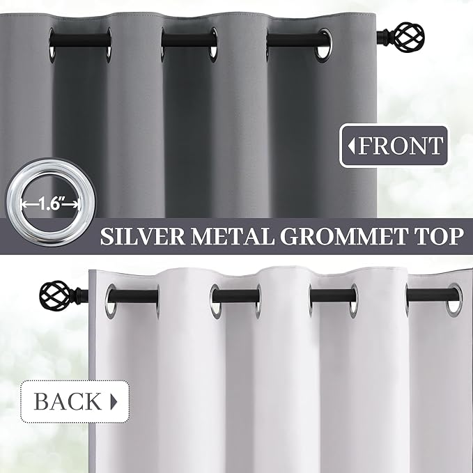 Yakamok Grey Room Darkening 100% Blackout Curtains Grommet Window Treatments with 2 Thick Layers-Gray Thermal Insulated Drapes Set of 2 Panels for Bedroom Living Room 52 Inches by 96 Inches Length
