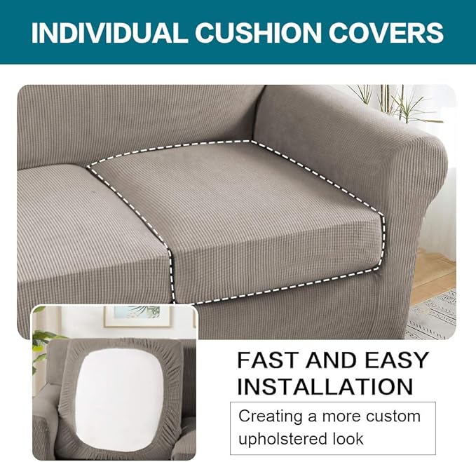 Turquoize 3 Piece Sofa Covers for 2 Cushion Couch Sofa Slipcover Soft Couch Cover for Dogs-Washable Sofa Furniture Covers with 2 Individual Cushion Covers, Thick Jacquard Fabric (Loveseat, Taupe)
