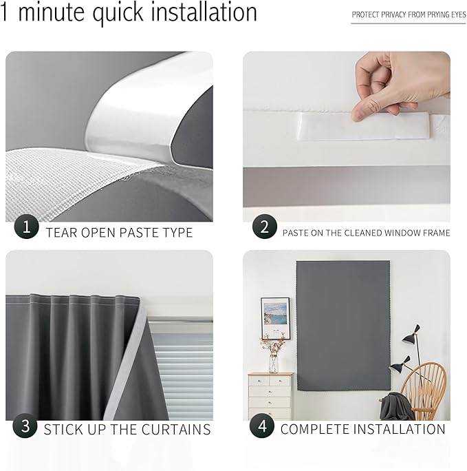 Magic Tape Stick On Curtains Window Shades Pull Down Blackout Window Cover Blackout Curtains for Bedroom No Drillng Self Adhesive Curtains No Rod Small Curtain, 59" W X 59" L, Grey, 1 Panel
