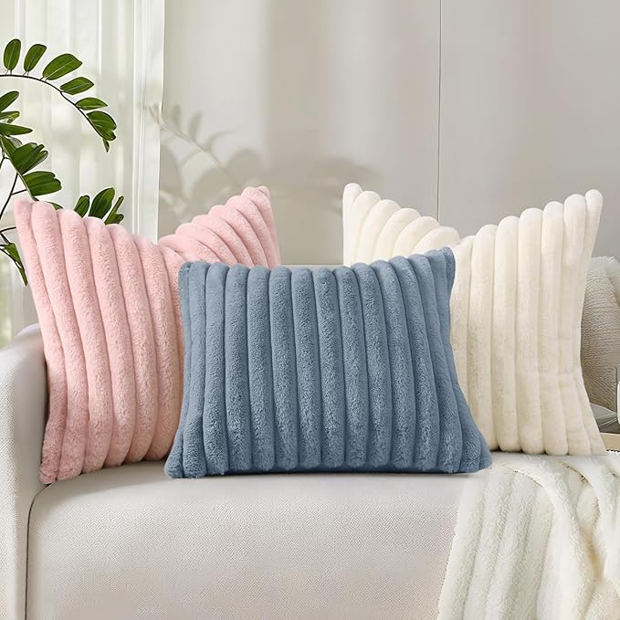 decorUhome Summer Cozy Faux Fur Throw Pillow Covers 16x16 Set of 2 Decorative Soft Plush Striped Modern Farmhouse Boho Couch Pillow Cases with Velvet Back for Sofa Bed Living Room, Pink
