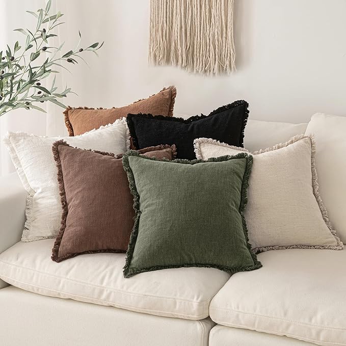 MIULEE Decorative Throw Pillow Covers Neutral Linen Fringe Throw Pillows Set of 2 Dark Coffee Boho Farmhouse Cushion Covers with Tassels for Couch Sofa Bed Living Room Spring Home Decor 18x18 Inch