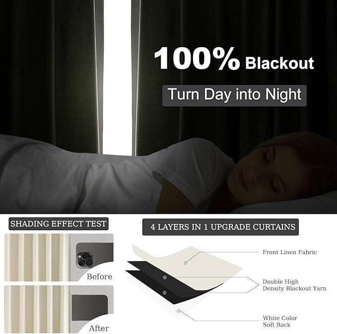 Topfinel Cream Black Out Curtains 96 Inch Long, 100% Blackout Thermal Insulated Natural Linen Pinch Pleat Viral Drapes with Hooks 2 Panel Sets, Burlap 8FT Back Tab Curtains for Living Room Bedroom