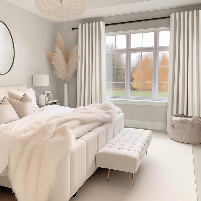 Topfinel 107 Inch Long Farmhouse Linen Blackout Curtains for Bedroom 2 Panel Sets Natural Ivory Birch Linen Texture Thermal Insulated Energy Saving Drapes for Sliding Door (W52 x L107 x2)