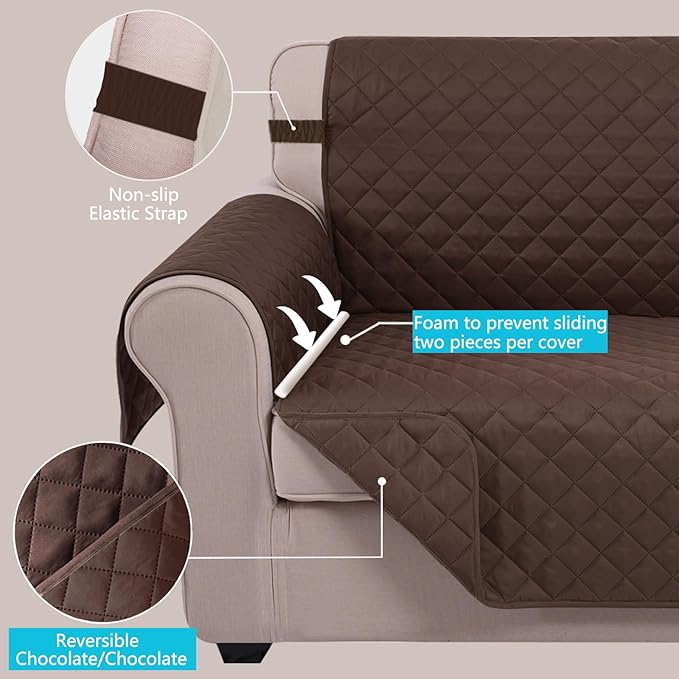 U-NICE HOME Loveseat Sofa Cover Reversible Couch Covers for 2 Cushion Couch for Dogs Furniture Protector Cover with Elastic Straps Water Resistant(Loveseat Small, Chocolate/Chocolate)