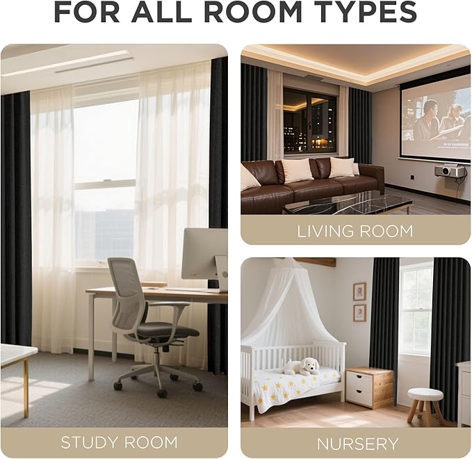 Joydeco Blackout Curtains for Bedroom - 90 Inch Long 100% Light Blocking 2 Panels Set Black Drapes, Thermal Insulated Room Darkening Curtains, Linen Textured for Living Room, Rod Pocket & Back Tabs