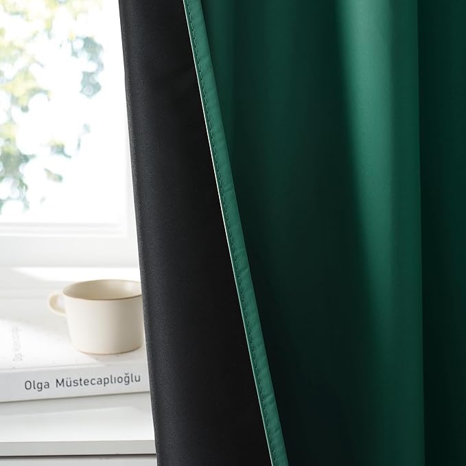 RYB HOME Bedroom Blackout Curtains 63 inches Long, 100% Blackout Thermal Insulated Noise Reducing Curtains for Living Room Nursury, 34 inches Wide by 63 inches Long, Dark Green