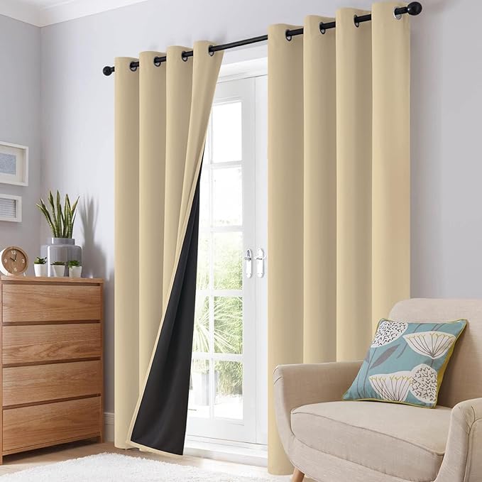 SimpleHome 100% Blackout Curtains for Bedroom,Thermal Insulated Beige Grommet Window Drapes Room Darkening Curtains for Living Room with Black Back,42 x 45 Inch,2 Panels