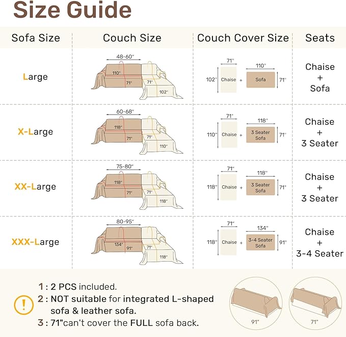 Sectional Couch Covers, 2 Pieces Washable L Shaped Couch Covers Sofa Blanket for Dogs Pet Friendly Sectional Sofa Slipcovers Furniture Covers,71"x 102"+ 71"x 110",(Large,Cream White)