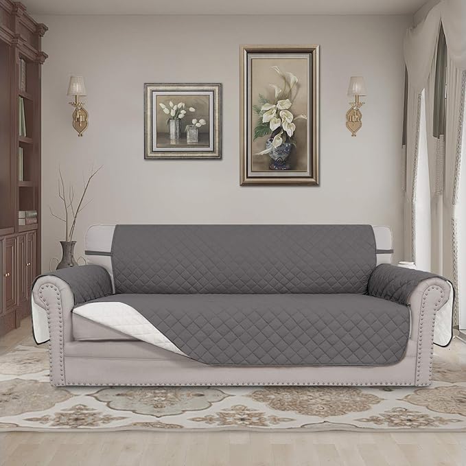 Easy-Going Reversible Oversized Couch Cover for 3 Cushion Couch Sofa Cover for Dogs Water Resistant Furniture Protector Cover with Foam Sticks for Pet (Oversized Sofa, Gray/Ivory)